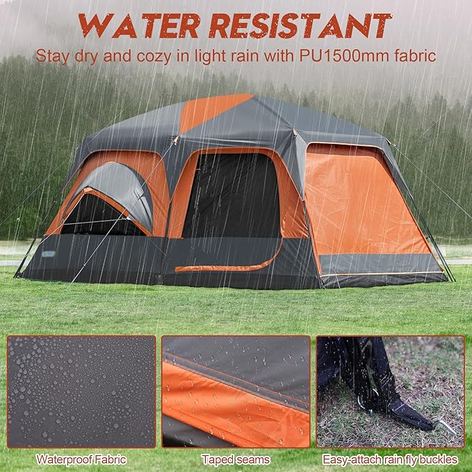 8–10-12 Person Camping Tent, 2 Room Family Tent with Zippered Divider, Porch, Rainfly, Extra Large Waterproof Cabin Tent with 3 Mesh Doors & Windows, Easy Setup 7.1 ft Tall Tent for Outdoor Camping