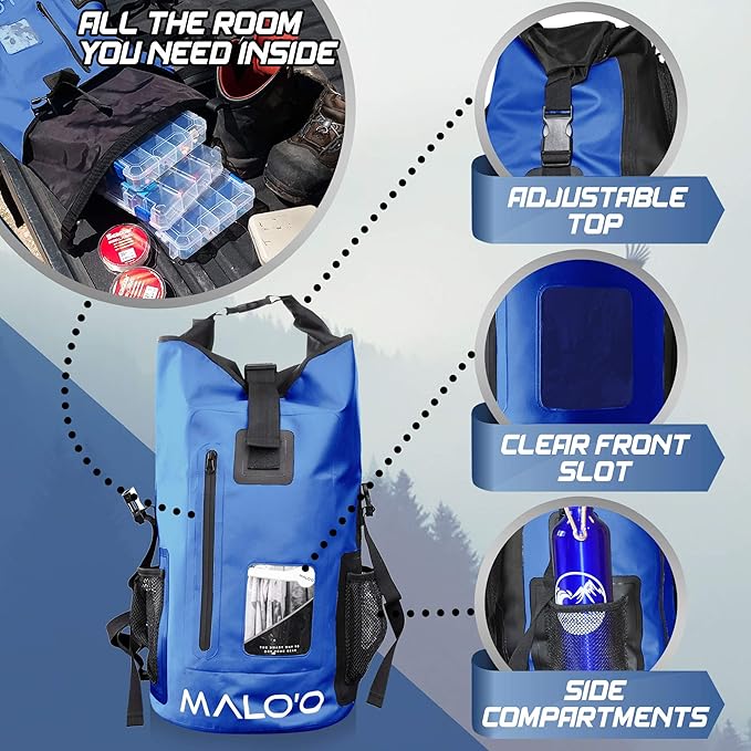 Malo’o DryPack 30L Waterproof Backpack, Roll-Top Dry Bag Backpack with Padded Straps, Floating Design for Beach, Kayaking, Fishing, Boating, Travel, and Water Sports, Dark Blue