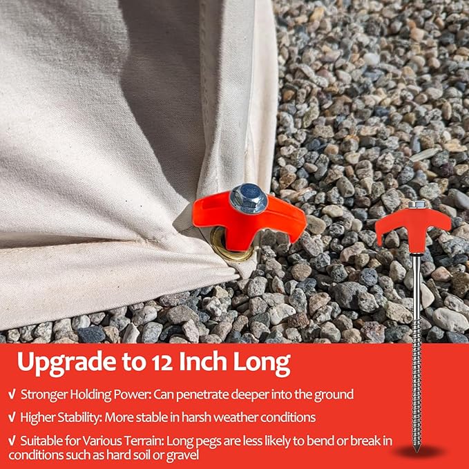 SOLEADER 12-Inch Screw in Tent Stakes 8PCS,Ground Anchors Screw in,Tent Stakes Heavy Duty,Ground Stakes for Inflatables,Canopies,Camping Tent Accessories,Metal Threaded Tent Spikes with Hex Head Drive