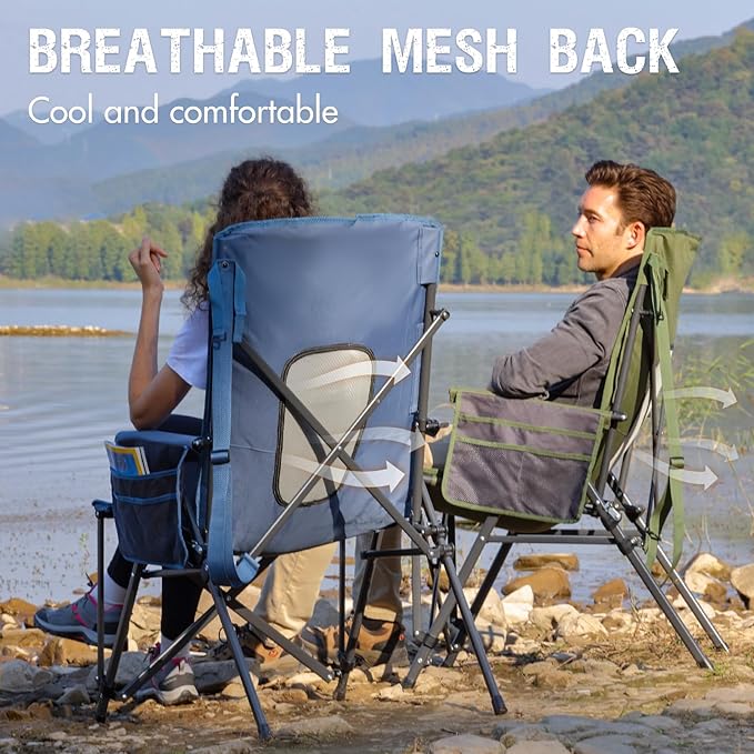 PORTAL Oversized Folding High Back Portable Lawn Chairs for Adults Outdoor Camp Sports Hunting Fishing Backyard with Hard Armrest Cup Holder Carrying Strap, Supports 400LBS, Blue