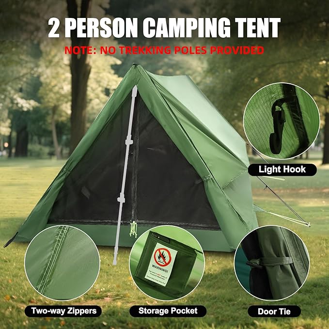 2-Person Trekking Pole Tent for Backpacking - Ultralight 2 Person Backpacking Tent, Lightweight Waterproof Two Person A-Frame Hiking Shelter for Outdoor Camping, Scouts, Trekkers (No Poles)