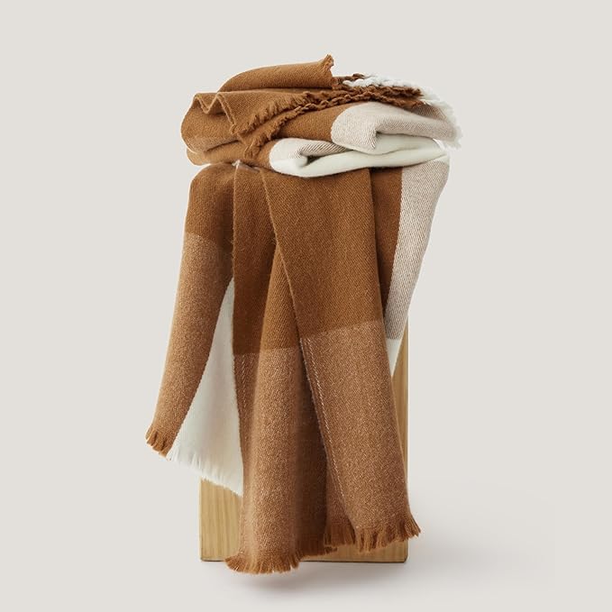 Double Stitch Alpaca Wool Throw Blanket - Warm, Soft Blanket for Couch, Luxury & Decorative Fleece Throw, Fall Plaid, Gift for Mother's Day, House Warming, 50" x 60", Harvest Brown & Cream