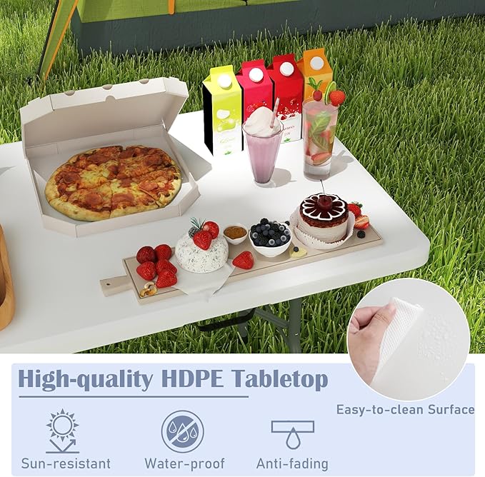 Tangkula 6 FT Folding Table, Indoor Outdoor Foldable Plastic Table with HDPE Tabletop, Sturdy Metal Fame, Carrying Handle, Heavy Duty Portable Fold-in-Half Picnic Table for Camping BBQ Party