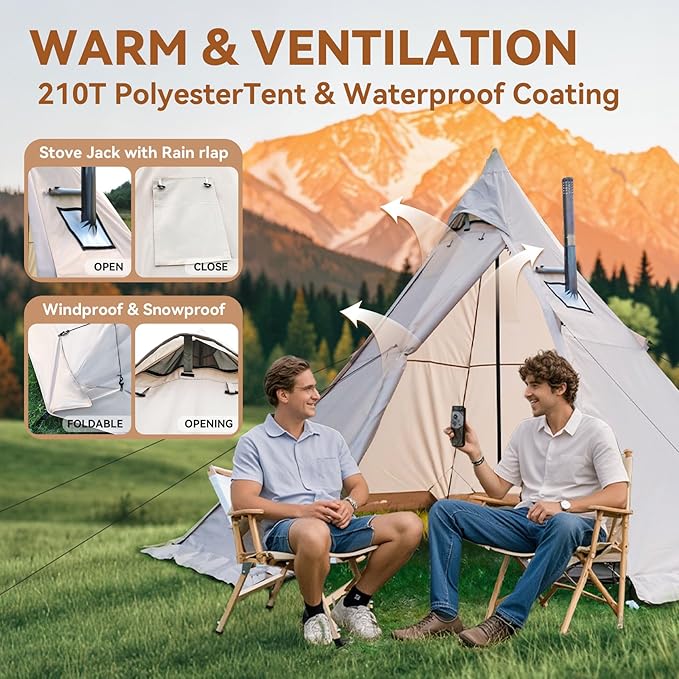Hot Tent with Stove Jack, 4 Season 3-4 Person Tipi Tent for Camping, 8.2ft Standing Room with Snow Skirt, Cold Weather Shelter for Family Fishing, Hiking, Hunting, Backpacking