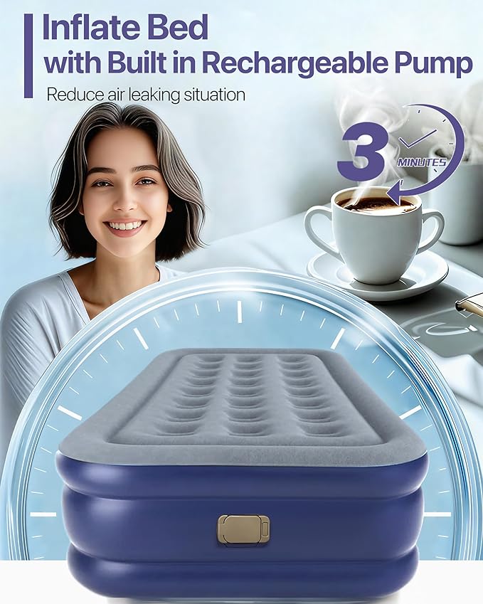 A-ER-FA Twin XL Air Mattress with Headboard and Built in Rechargeable Air Pump & Cup Holder – Premium Comfort Blow Up Mattress & Inflatable Mattress, Colchon Inflable Air Bed for Guests & Home Use