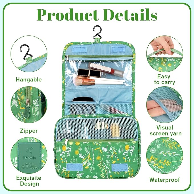Pengxiaomei Toiletry Bag for Women, Waterproof Hanging Cosmetic Bag Portable Makeup Pouch Multifunction Handle Travel Toiletry Bag for Easter Gifts(Green)