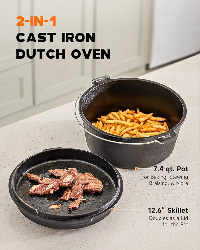 DARTMOOR 9 Quart Pre-Seasoned Cast Iron Dutch Oven with Lid and Lid Lifter Tool Outdoor Deep Camp Pot for Camping Fireplace Cooking BBQ Baking Campfire 9 QT