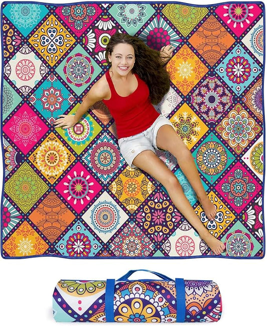 Waterproof Picnic Blankets Foldable & Portable 80''x80'' Boho Picnic Mat for Outdoors, Large Washable Picnic Blanket for Travel Camping Beach, Park Grass Picnic Blanket Accessories for Adults