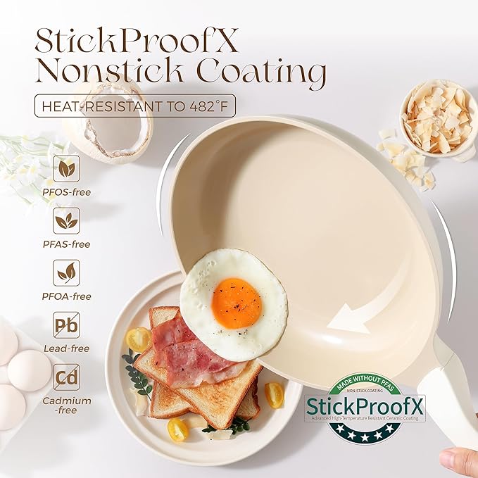 PRICUSIS Nonstick Ceramic Frying Pan with Lid, 8/10 Inch Skillet with Stay Cool Handle, Fully Coated, 100% Dishwasher Safe, Oven Safe, PTFE PFAS & PFOA Free (8 Inch, Coconut White