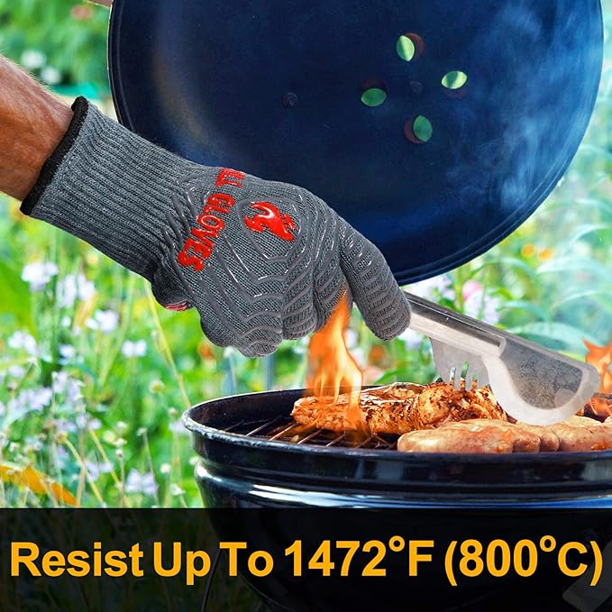 QUWIN BBQ Gloves, Oven Gloves 1472℉ Extreme Heat Resistant, Grilling Gloves Silicone Non-Slip Oven Mitts, Kitchen Gloves for BBQ, Grilling, Cooking, Baking-1 Pair… (Grey, One Size Fits Most)