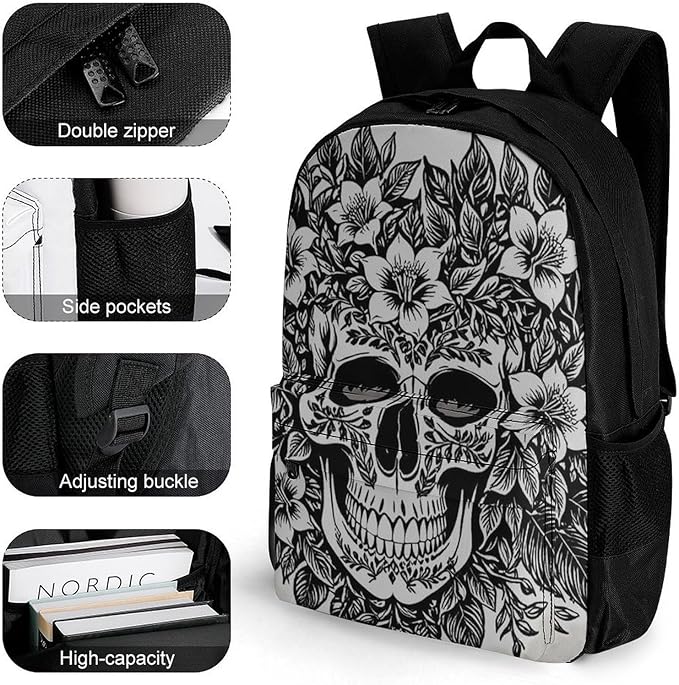 Men Women Lightweight Skull Head Black Daypack Bookbag Big Capacity Carry On Bag With Side Pockets for Camping Travel Bicycle
