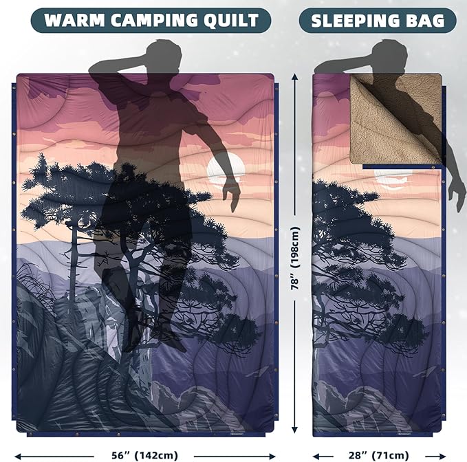 Outdoor Camping Blanket with Sherpa Lining, Extra Warm Thick Camp Blankets and Puffy Ultralight Soft Poncho DWR Camping Quilt for Cold Weather, Adventure, Sleeping, Backpacking 78"x 56"