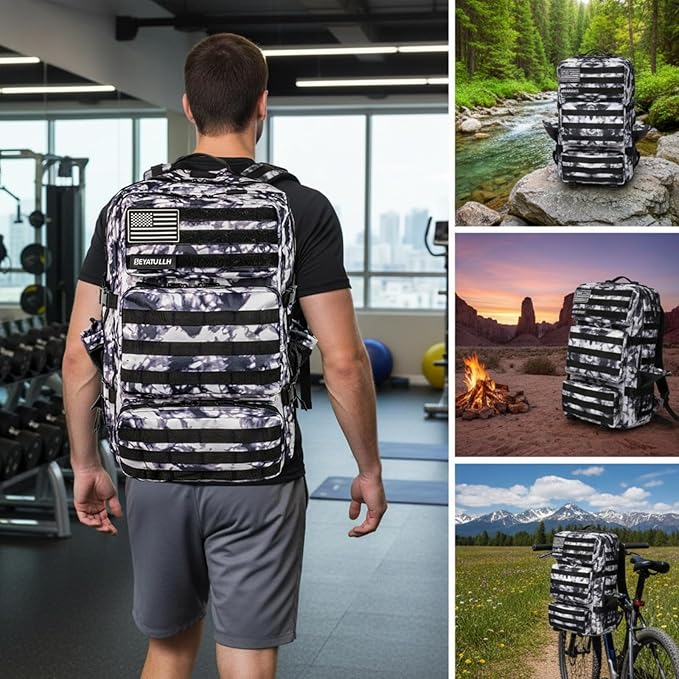 Military Tactical Backpack 55L for Men & Women Bug Out Bag Assault pack Molle Daypack Hiking Trekking Rucksack (Black and white tie dye)