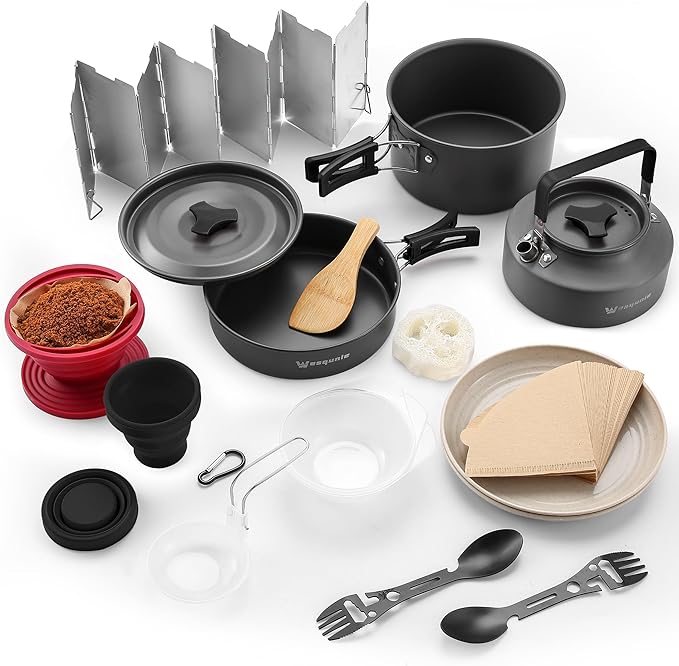 Camping Cooking Cookware Mess Kit - Non-Stick Lightweight Pot Pan Kettle Set with Collapsible Pour Over Coffee Dripper, Outdoor Kitchen Cook Essentials Gear for Camping Hiking Picnic