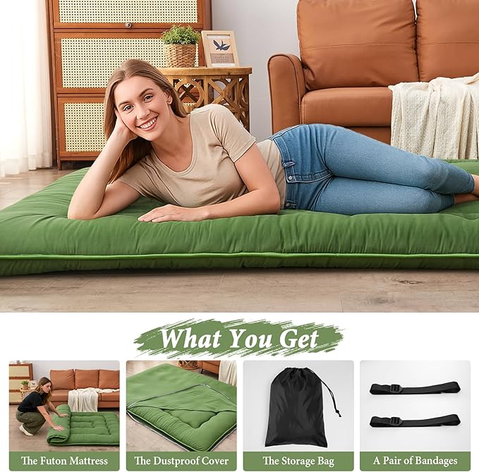 DAICO Japanese Floor Mattress, 4'' Thicken Futon Mattress Tatami Mat, Sleeping Pad Foldable Roll Up Mat for Camping and Guest Room, Full Size 54''*80'', Green