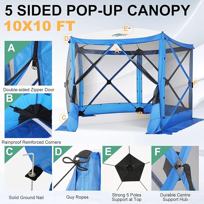 COBIZI 10x10 FT Pop up Gazebo, Popup Canopy Tent,Instant Screened in Gazebos, Waterproof Portable Outdoor Small Screen Tents Sun Shelter,carpas para Patio for Camping, Garden and Backyard,Blue