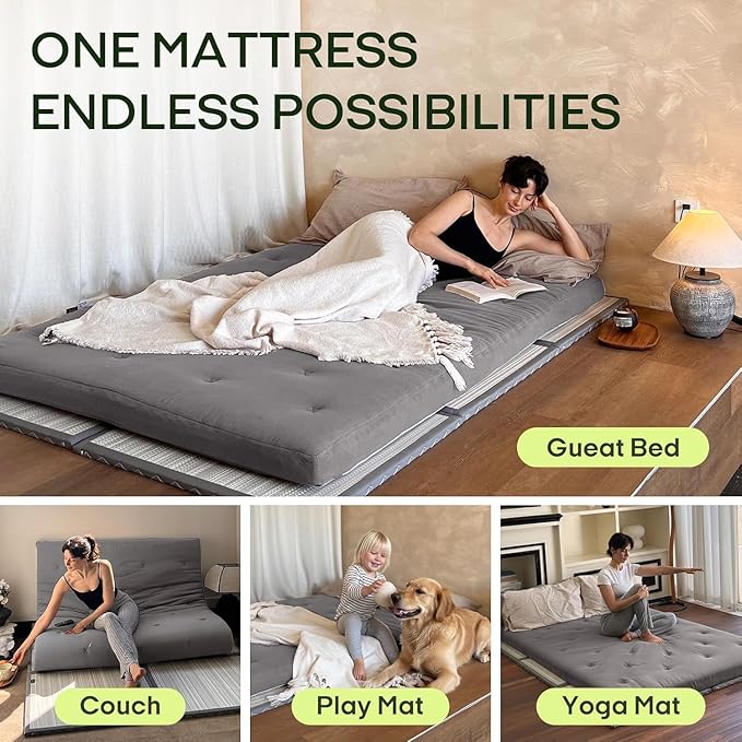 ZonLi Japanese Floor Futon Mattress Twin Size 75"x 39", 100% Cotton Cover 4'' Thicken Tatami Mattress, Foldable Sleeping Pad, Portable Dormitory Tatami Mat, Roll Up Floor Lounger Bed for Adult (Grey)