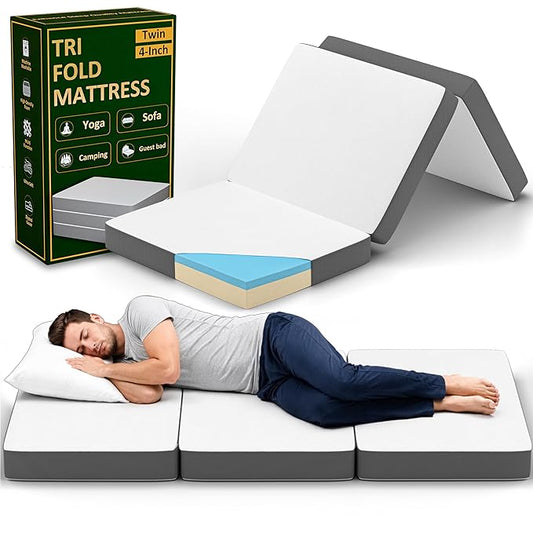 Treaton, 4-Inch Tri-Folding Gel Memory Foam Portable Floor Mattress | Breathable Mesh, Ultra Soft, Cot Pad, Removable and Washable Cover, Comfortable Support, Therapeutic Qualities, Twin, White