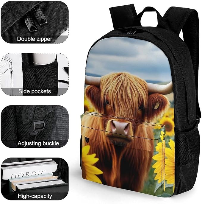 Men Women Polyester Sunflower Highland Cow Daypack Backpack Large Capacity Carry On Bag With Smooth Zippers for Hiking Picnic Walking Cycling