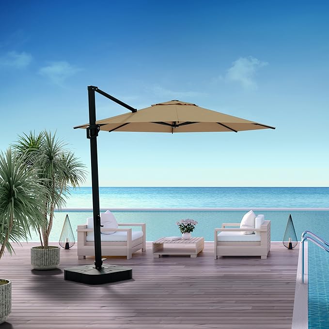 Midtown Umbrellas 10 Ft Outdoor Cantilever Patio Umbrella w/Sunbrella Heather Tan Fabric - 360° Rotate Offset Patio Umbrella, Deck Patio Umbrella, Backyard Umbrella & Garden Umbrella - Black Frame