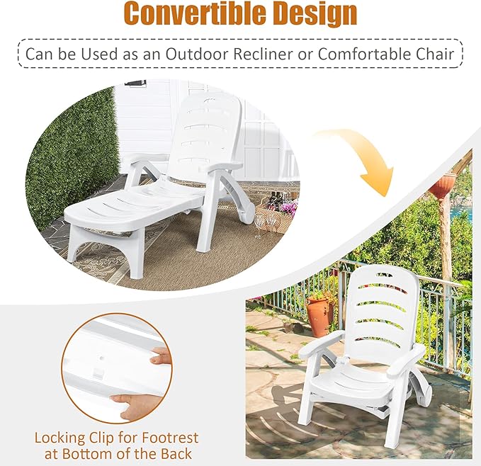 Tangkula Outdoor Chaise Lounge Chair, Adjustable 5-Position Recliner Chair with Built-in Wheels, Weather-Resistance Folding Lounge for Patio, Backyard, Poolside and Beach (1, White)
