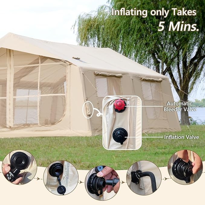 Inflatable Camping Tent with Hand Pump Waterproof Outdoor Blow up Tent 2-8 Person Oxford 4 Season Glamping Air Tent Cabin House with Mesh Windows & Door