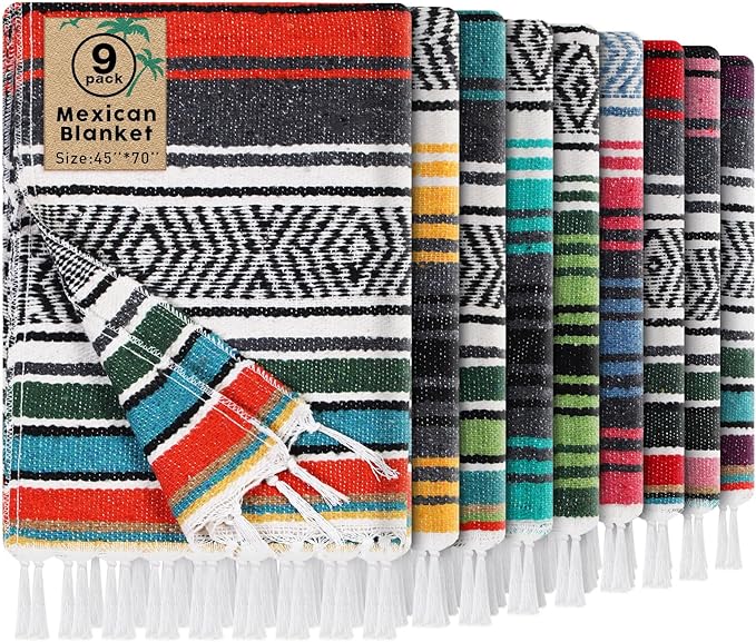 Peryiter 9 Pcs Mexican Blanket Bulk Large Yoga Blanket Striped Falsa with Fringed for Outdoor Beach Picnic Couch, 45 x 70 inch (Retro Colors)