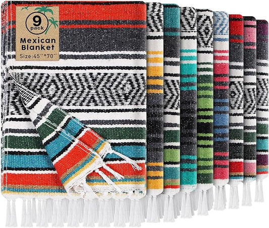 Peryiter 9 Pcs Mexican Blanket Bulk Large Yoga Blanket Striped Falsa with Fringed for Outdoor Beach Picnic Couch, 45 x 70 inch (Retro Colors)
