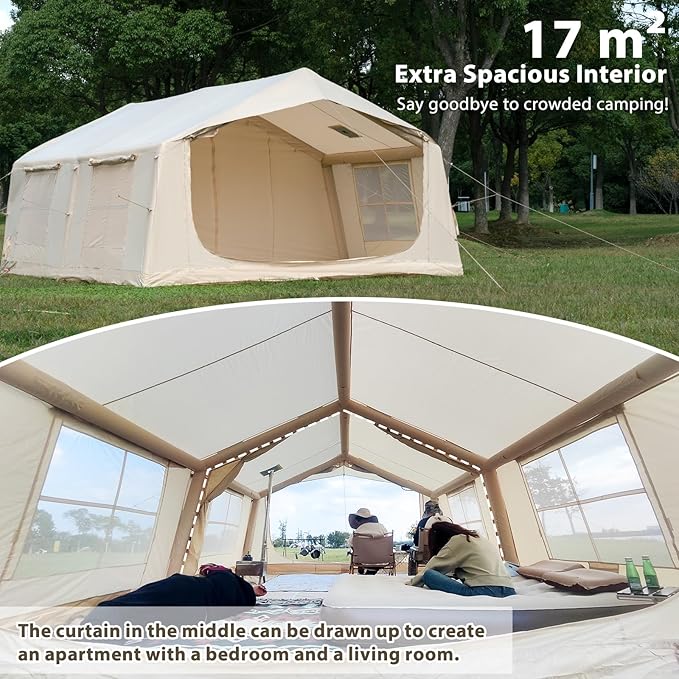 Inflatable Camping Tent with Hand Pump Waterproof Outdoor Blow up Tent 2-8 Person Oxford 4 Season Glamping Air Tent Cabin House with Mesh Windows & Door