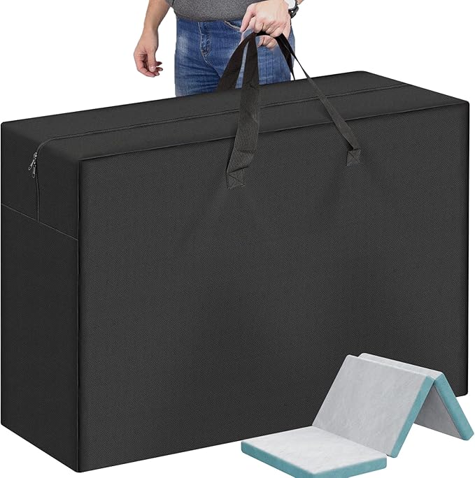 Foldable Mattress Storage Bag, 61"x13"x27.5" Portable Waterproof Carry Case for Trifold Memory Foam Queen Folding Mattress, 600D Oxford Heavy Duty Camping Cots Bag, Black