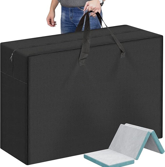 Foldable Mattress Storage Bag, 61"x13"x27.5" Portable Waterproof Carry Case for Trifold Memory Foam Queen Folding Mattress, 600D Oxford Heavy Duty Camping Cots Bag, Black