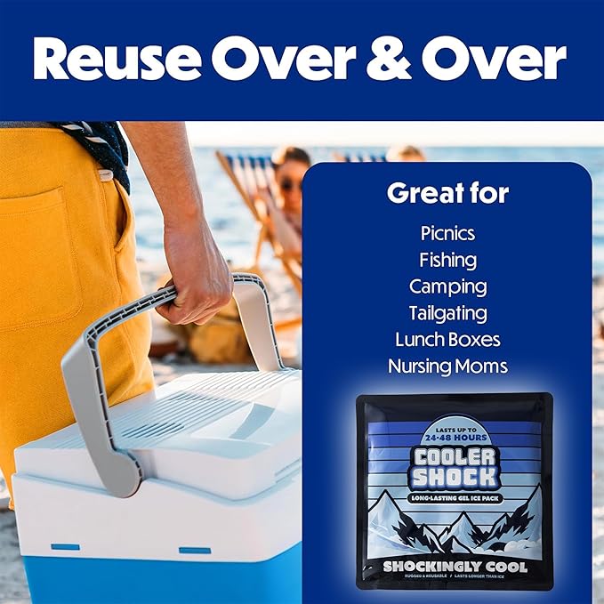 Cooler Shock Reusable Ice Packs for Cooler - Long Lasting Cold Freezer Packs for Coolers and Lunch Boxes - Cooler Ice Packs for Camping Gear, Fishing, Road Trips, Beach Must Haves