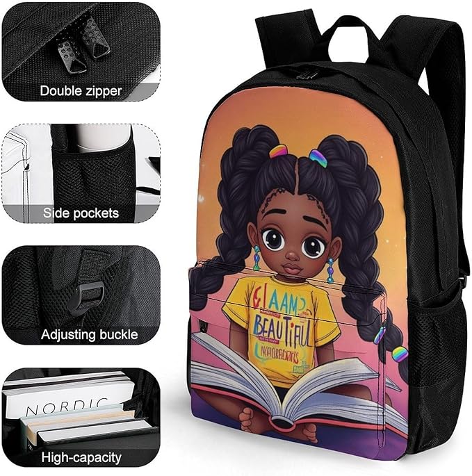 Shoulder Book Bags Polyester Multipurpose Anti-Theft African American Black Woman Book Art Carry On Bag Large Capacity Travel Hiking Camping Rucksack