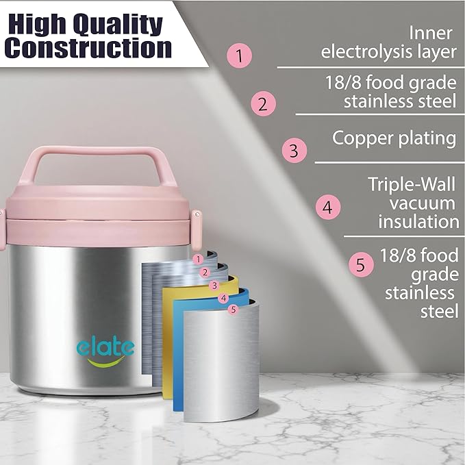 Elate 2-Quart Thermos Food Jar for Hot Food | 64oz Stainless Steel Vacuum-Insulated Camp Crock, Wide-Mouth Thermal Food Container, Portable Lunch Pot for Outdoor, Camping, Picnics, Trips, Potlucks