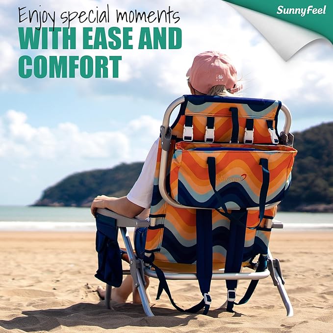 SUNNYFEEL Low Beach Chair 5 Position Lay Flat, Portable Folding Backpack Beach Chairs Heavy Duty with Cooler Bag, Cup Holder for Outdoor/Lawn/Trip/Picnic/Fishing, Foldable Camping Chair