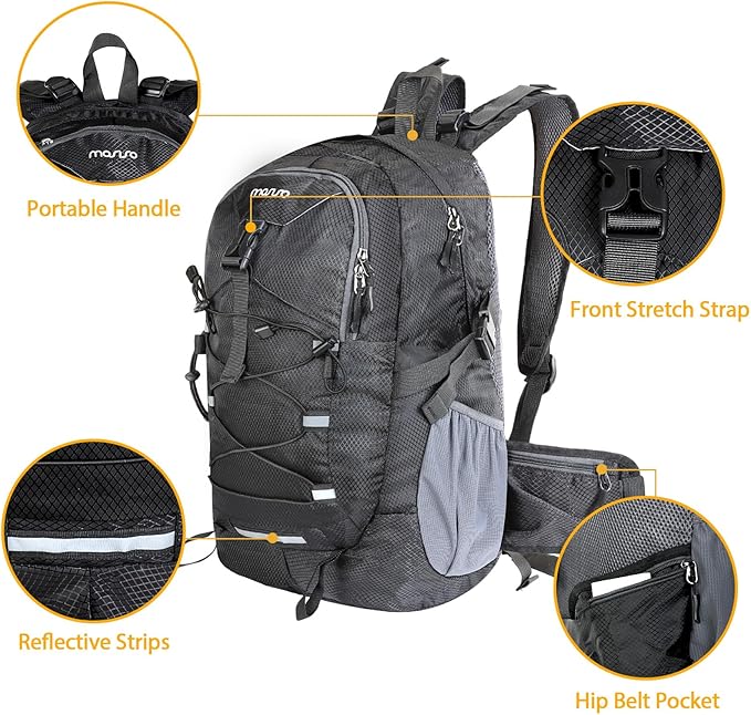 MOSISO 30L Lightweight Hiking Daypack Packable Backpack for Men Women, Casual Foldable Day Pack Shoulder Bag with 2 Front Pocket&Elastic Cord Strap for Travel Outdoor Camping, Black