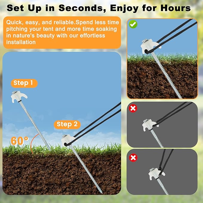 20 Pack 8" Heavy Duty Tent Stakes Screws- Glow in The Dark Metal Tent Stakes-Drill in Style Ground Anchor Screw in Pegs for Camping Patio Garden Awning Canopy Grassland, Comes with Hexagon Head Drive