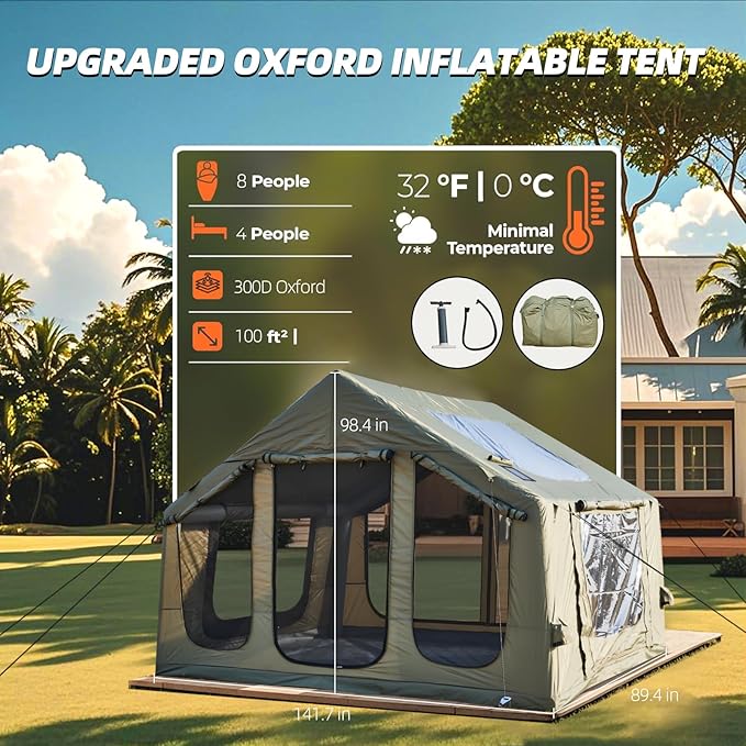 EROMMY 4/6/8/12 Person Inflatable Tent with Skylight, 4 Season Blow Up Tents with Hand Pump for Outdoor Camping & Hiking, Easy Set-up Windproof Sunproof Waterproof