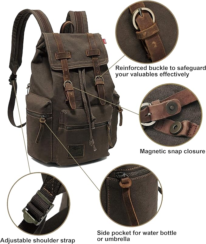 HuaChen Vintage Canvas Travel Backpack with Leather Trim, Laptop Padded Sleeve, Hidden Back Security Pocket, Fits 15-Inch, M32 Army Green Large