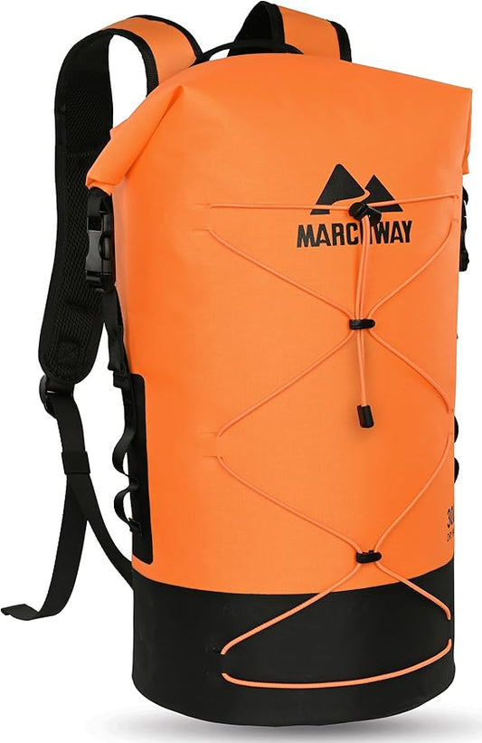 MARCHWAY Floating Roll Top Dry Bag, Flexible Lightweight TPU Waterproof Backpack 20L/30L/40L with Padded Straps for Boating, Kayaking, Swimming, Hiking, Beach (Orange, 30L)