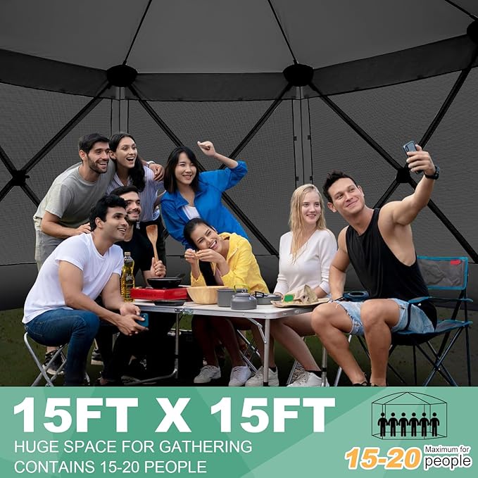 COBIZI 15x15 FT Pop Up Gazebo, Canopy Tent, Large Gazebos On Clearance with Sidewalls, Screened in Gazebo,carpas para Patio,Portable Screen Tents for 12-15 Persons Outdoor Camping, Backyard, Black