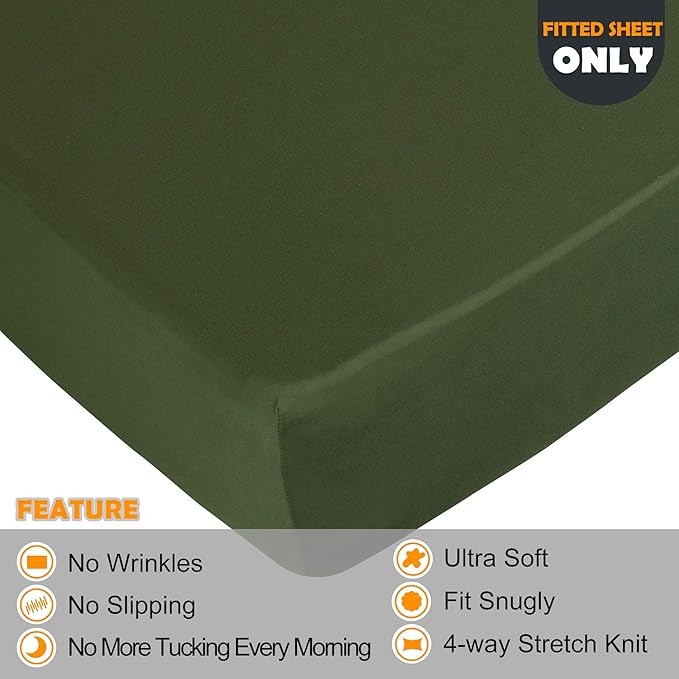 Soft Stretch Full Size Fitted Sheet Only - Jersey Knit & Cozy T-Shirt Like, 4-Way Stretchy Snug Fit & Wrinkle Free, No More Slipping Mattress Sheets - Dark Olive Green, Full