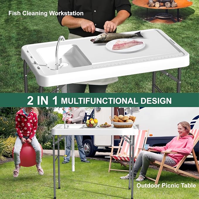 Fish Cleaning Table with Sink, 42.5" Folding Camping Table & Fish Cleaning Station with Measure Mark, Camping Sink with Hose Hookup for Outdoor Picnic, Beach, Dock & Patio Use