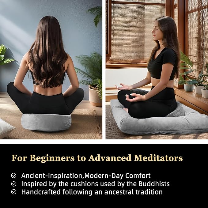 Meditation Zafu Cushion Set with Buckwheat Hulls & Memory Foam - Ergonomic Support for Yoga & Sitting - Removable Machine-Washable Luxury Velvet Cover - for Adults and Kids (Grey)