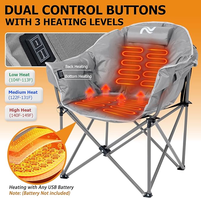 LILYPELLE Oversized Heated Camping Chair, Patio Lounge Chairs with 3 Heat Levels, Portable Folding Heated Chair Round Moon Saucer Folding Lawn Chair Outdoor Chair for Camping, Lounge Patio