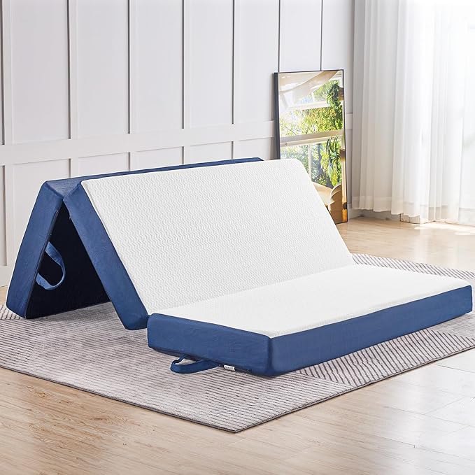 CYMULA Folding Mattress Queen Size,4 inch Memory Foam Tri Portable Trifold Mattress Topper Queen with Breathable & Washable Cover, Foldable Guest Bed for Camping