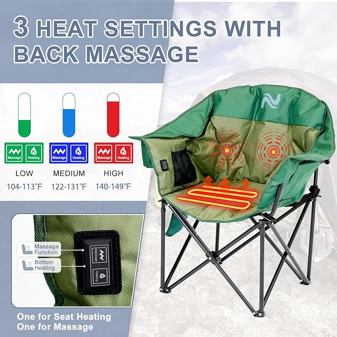 ABORON Oversized Heated Camping Chair, Portable Folding Recliner Chair with 3 Heat Settings & Massage Fuction, Fully Padded Heavy Duty Lawn Chair Supports Up to 400lbs, Ideal for Outdoor Relaxation