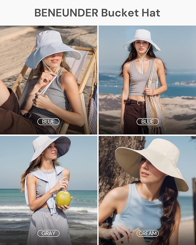 BENEUNDER Reversible Wide Brim Sun Bucket Hats UPF50+ UV Protection Foldable for Women Outdoor Beach Vacation Travel