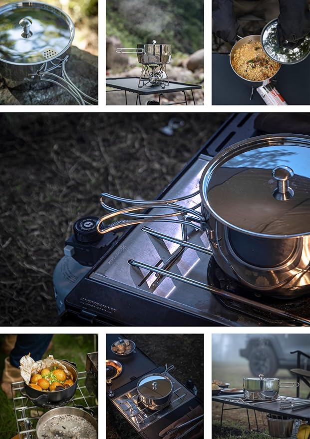 CAMPINGMOON 2 Quart Camping Saucepan 3-ply Stainless Steel Cooking Pot w/Lid Foldable Handle Compact Storage Portable IH Compatible CC-18