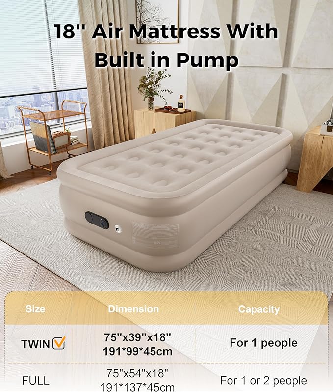 Twin Air Mattress with Built in Pump, Single Blow up Air Bed with Portable Storage Bag, Suitable for Home and Guests, Top Flocking, 18" Twin Khaki